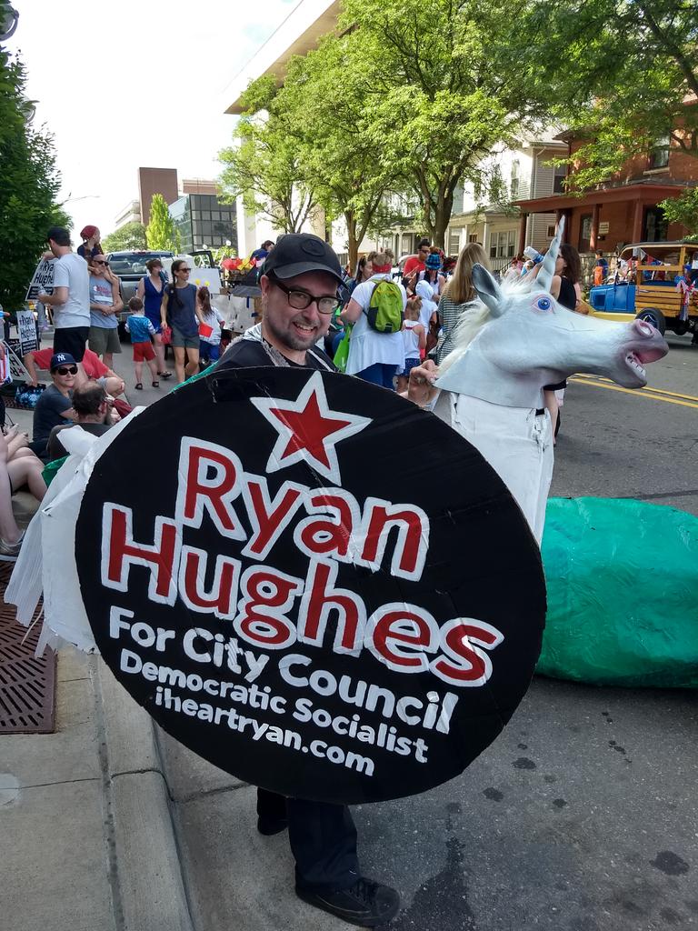 Unicorn and shield from the campaign's appearance in the Ann Arbor Jaycees Fourth of July Parade.